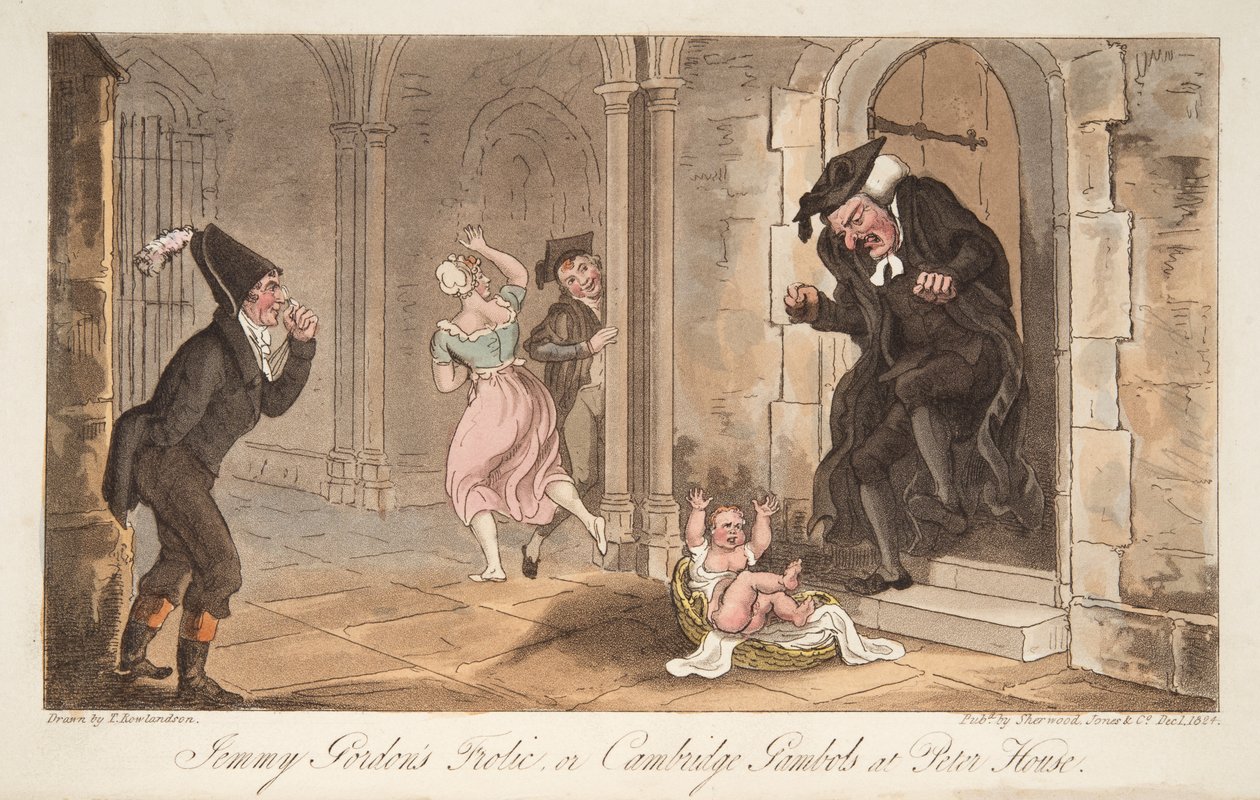 Jemmy Gordons Frolic, eller Cambridge Gambols på Peter House, från The English Spy, pub. 1824 (handfärgad gravyr) av Thomas Rowlandson
