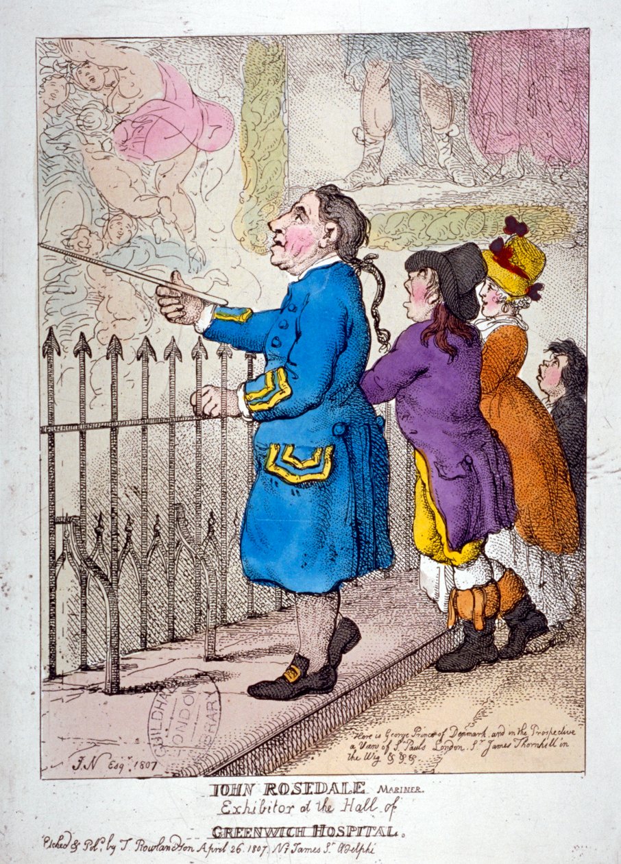 "John Rosedale, sjöman, utställare av hallen på Greenwich Hospital", 1807 av Thomas Rowlandson