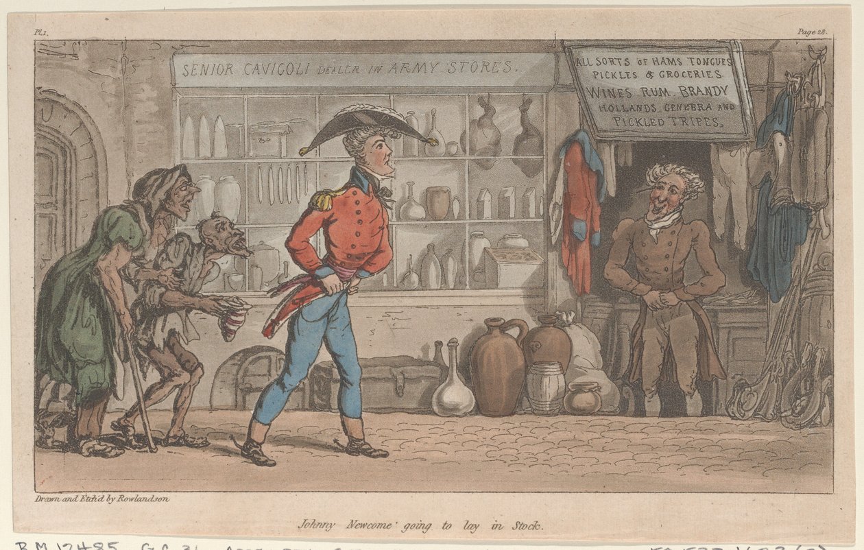 Johnny Newcome kommer att läggas i lager, från The Military Adventures of Johnny Newcome, 1815., 1815. av Thomas Rowlandson
