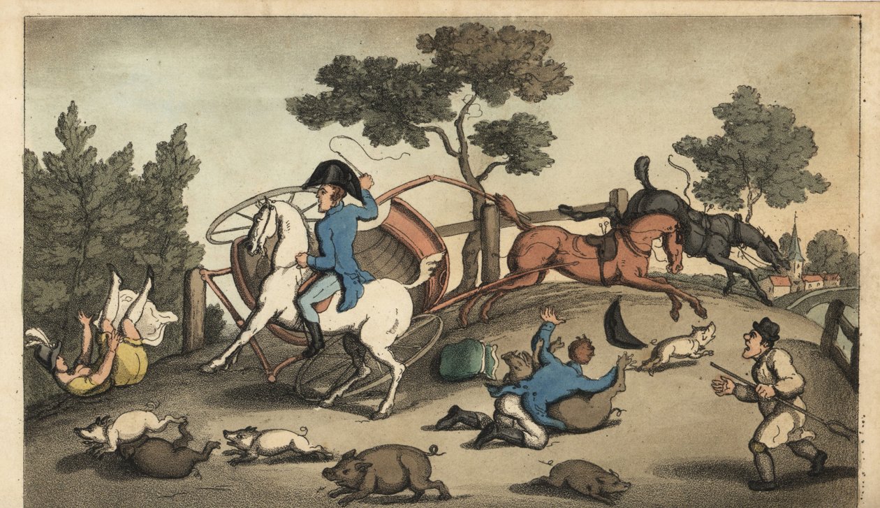 Johnny and a Lady kraschar en spelning i en flock svin. Handkolorerad kopparstick av W. Läst efter en illustration av Thomas Rowlandson från Alfred Burtons The Adventures of Johnny Newcombe in the Navy, Simpkin, London av Thomas Rowlandson
