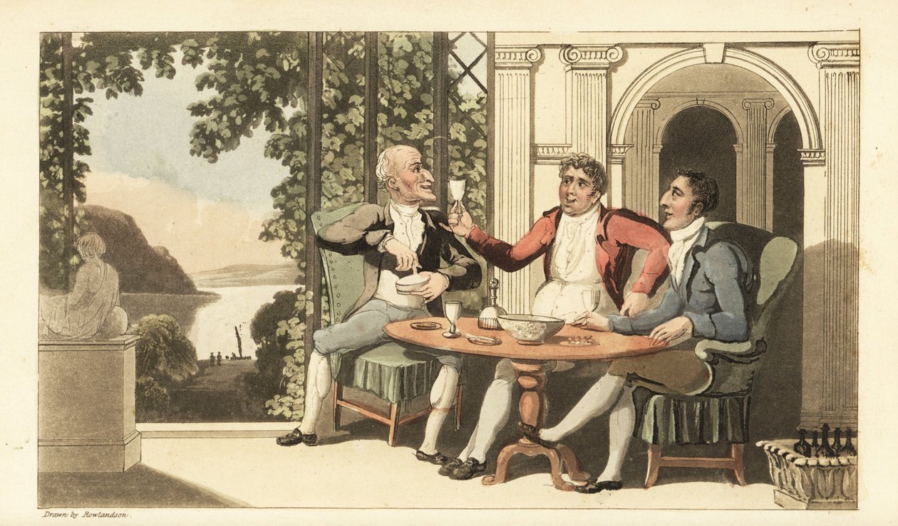 Johnny och vänner dricker och sjunger på en terrass med utsikt över Themsen. Handkolorerad kopparstick av Thomas Rowlandson från William Combes The History of Johnny Quae Genus, the Little Foundling of the late Doctor Syntax. av Thomas Rowlandson