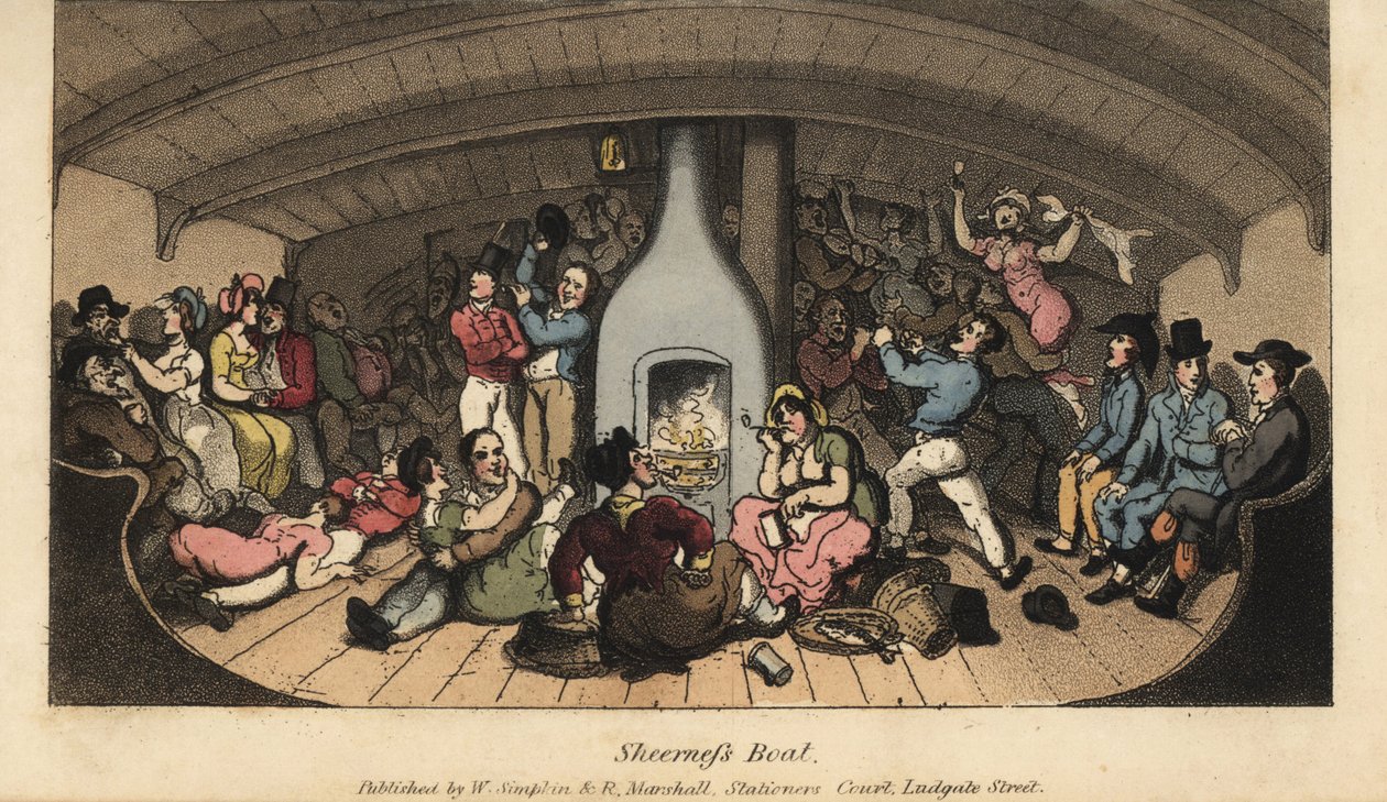 Johnny tjatade med seglare, slopmen, crimps, mudlarkers, bawds och hallickar i en stuga på Sheerness Boat. Handkolorerad kopparstick av W. Läst efter en illustration av Thomas Rowlandson från Alfred Burtons The Adventures of Johnny Newcombe i av Thomas Rowlandson