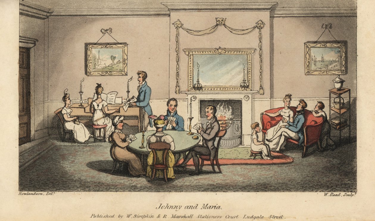 Johnny uppvaktar Maria i en salong medan andra spelar kort och sjunger sånger framför härden. Handkolorerad kopparstick av W. Läst efter en illustration av Thomas Rowlandson från Alfred Burtons The Adventures of Johnny Newcombe in the Navy, Si av Thomas Rowlandson