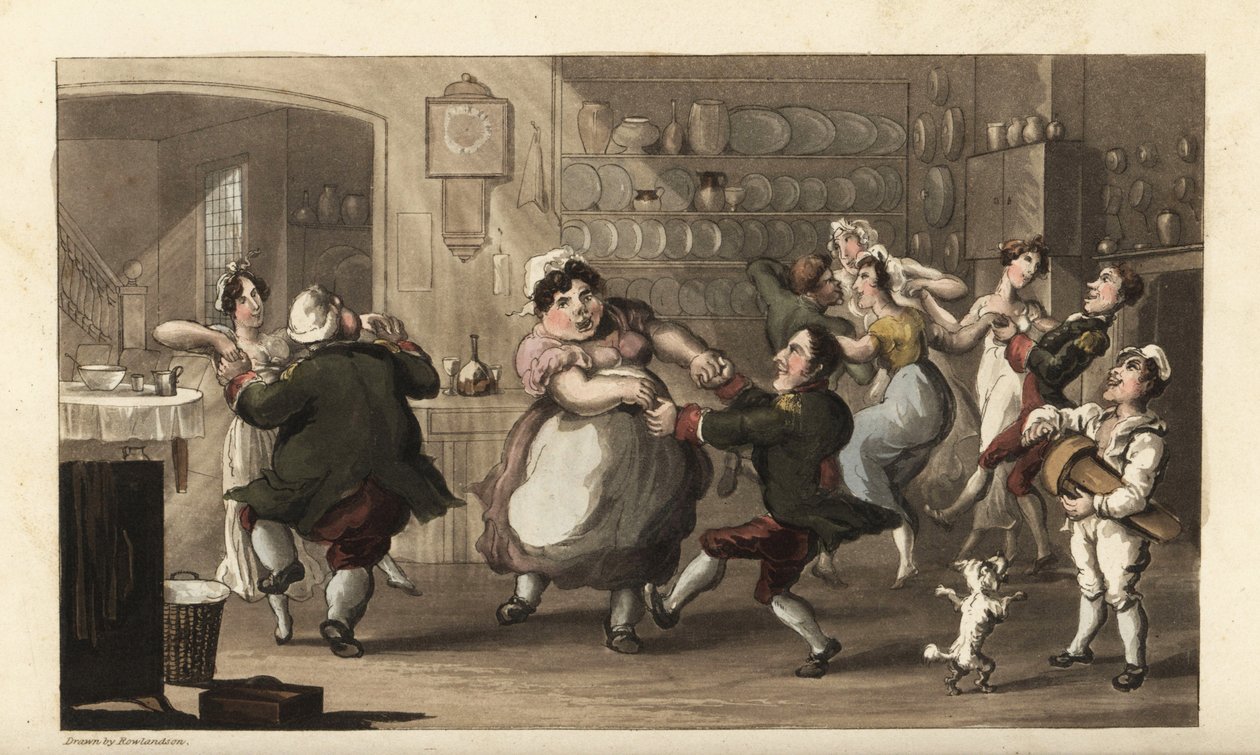 Johnny dansar på en hemlig fest med andra tjänare i köket. Kock, kusk, piga och coatman njuter av mästarens mat och vin. Handkolorerad kopparstick av Thomas Rowlandson från William Combes The History of Johnny Quae Genus, the Li av Thomas Rowlandson
