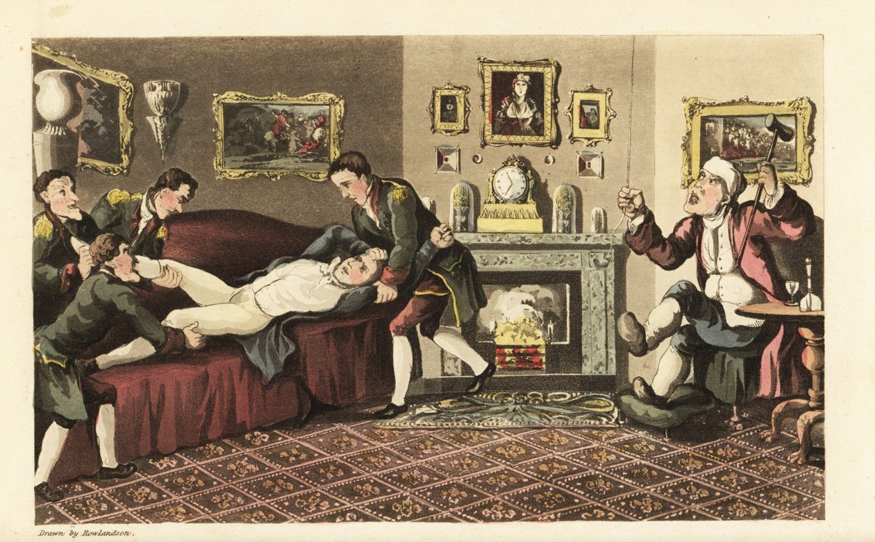 Johnny berusad i soffan i Sir David Dangles hus, utslängd av de livliga fotfolket. Handkolorerad kopparstick av Thomas Rowlandson från William Combes The History of Johnny Quae Genus, the Little Foundling of the late Doctor Syntax. av Thomas Rowlandson