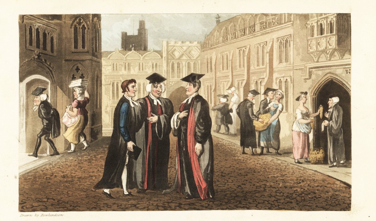 Johnny i kläder pratar med Dons vid Oxford University, medan andra forskare och studenter köper majs från livsmedelsaffärer och angriper pigor. Handkolorerad kopparstick av Thomas Rowlandson från William Combes The History of Johnny Quae Genus, the Little  av Thomas Rowlandson