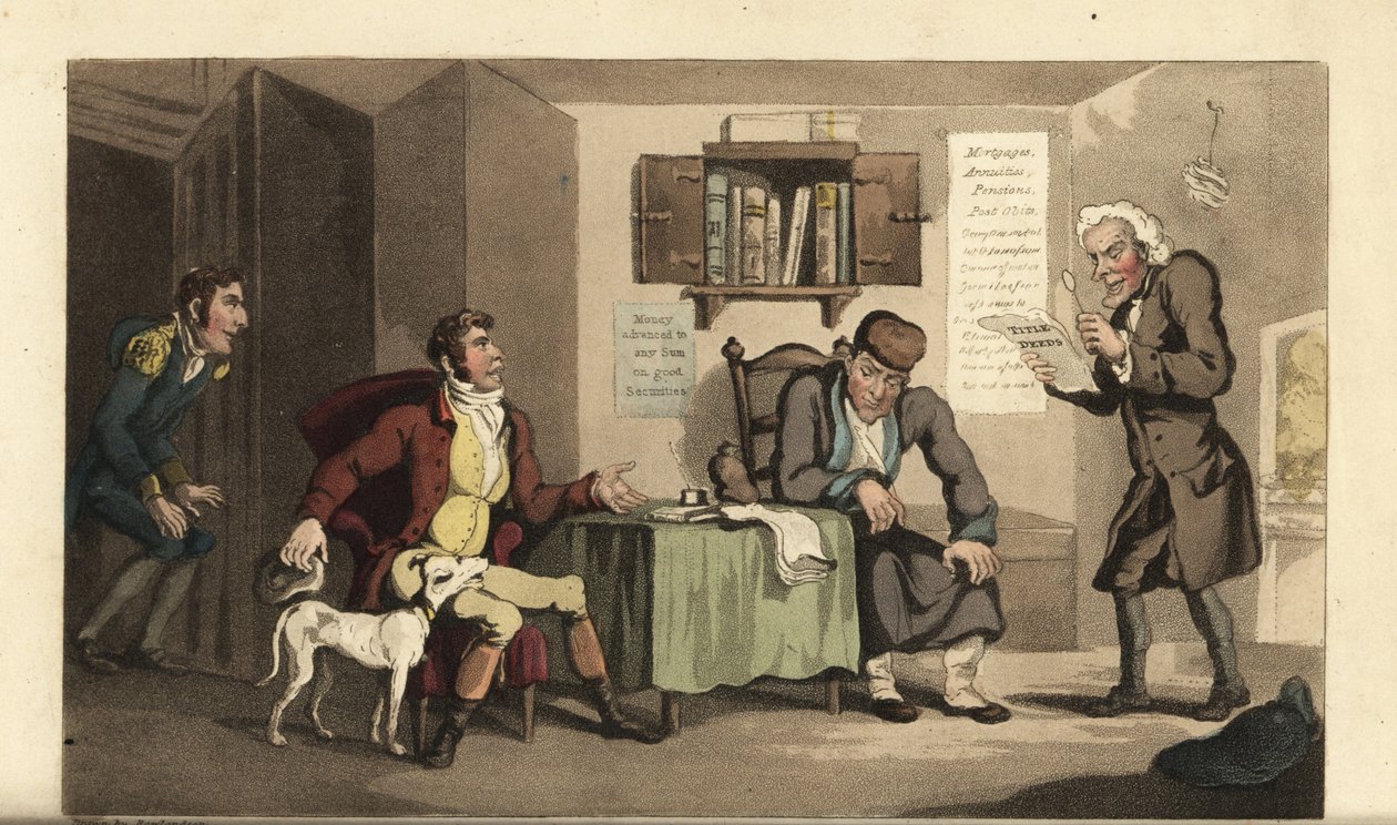 Johnny i tjänst hos Jacob Levi, långivaren. Handkolorerad kopparstick av Thomas Rowlandson från William Combes The History of Johnny Quae Genus, the Little Foundling of the late Doctor Syntax. av Thomas Rowlandson