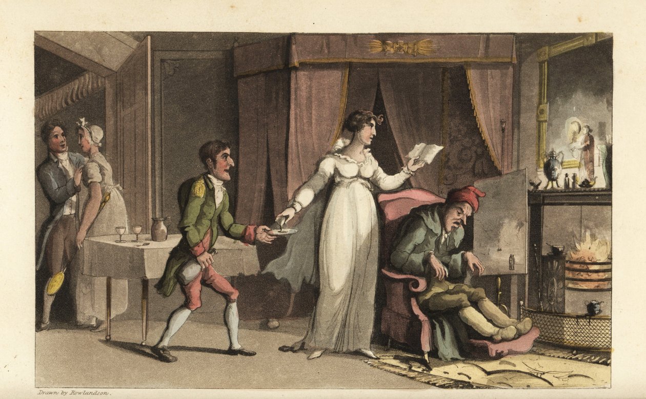 Johnny i tjänst hos snålen John Squeeze och hans försiktiga systerdotter Amelia Squeeze. Johnny tar med ett glas medicin till den döende gubben. Handkolorerad kopparstick av Thomas Rowlandson från William Combes The History of Johnny Quae Genus, th av Thomas Rowlandson