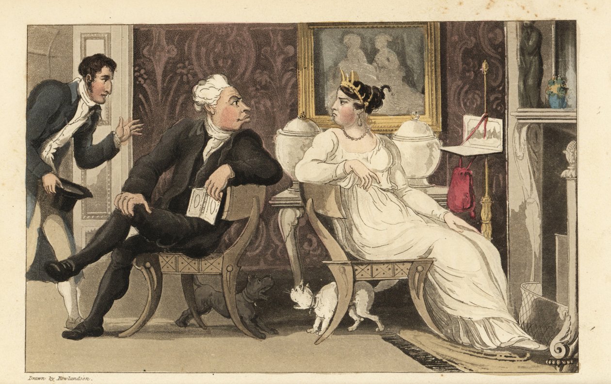 Johnny avbryter ett gräl mellan gäster på en fest i en regency-salong. Handkolorerad kopparstick av Thomas Rowlandson från William Combes The History of Johnny Quae Genus, the Little Foundling of the late Doctor Syntax. av Thomas Rowlandson