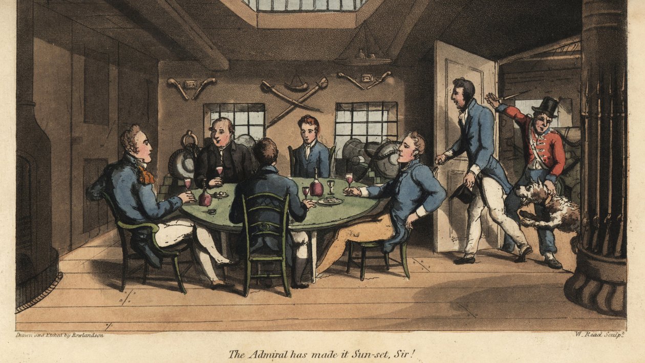 Johnny sällar sig till kaptenen i hans hytt för drinkar med de andra officerarna. Amiralen har gjort det till solnedgång, sir! Handkolorerad kopparstick av W. Läst efter en illustration av Thomas Rowlandson från Alfred Burtons The Adventures of Johnny Newc av Thomas Rowlandson