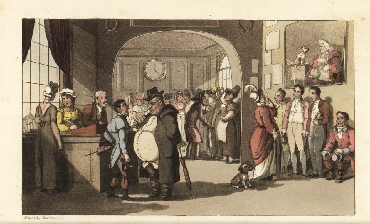 Johnny söker arbete på ett registerkontor för hemtjänstemän. Män och kvinnor med monokler undersöker bärare, pigor och annan personal. Handkolorerad kopparstick av Thomas Rowlandson från William Combes The History of Johnny Quae Genus, the Lit av Thomas Rowlandson