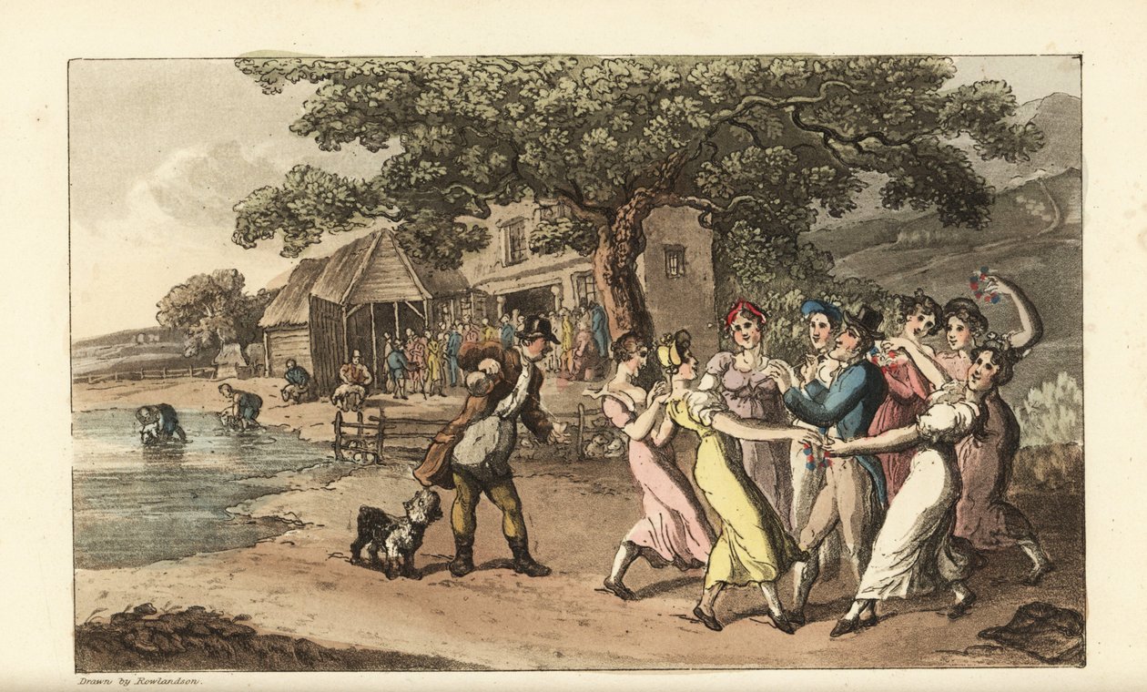Johnny spelar sin flöjt på en fårklippningsfestival, omgiven av dansande countrytjejer. Herdar klipper får i en lada och tvättar dem i en damm. Handkolorerad kopparstick av Thomas Rowlandson från William Combes The History of Johnny Quae Gen av Thomas Rowlandson