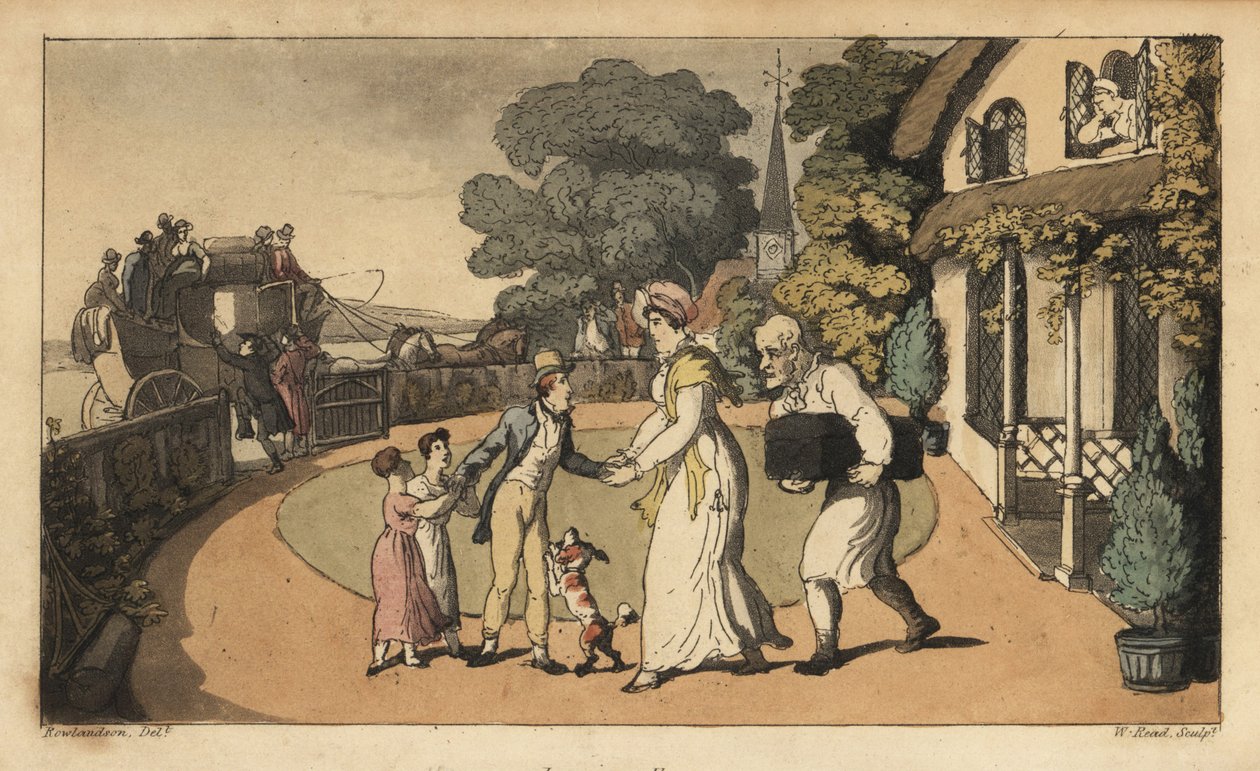 Johnny tar farväl av sin mamma och sina systrar när han åker till Royal Navy på diligens. Handkolorerad kopparstick av W. Läst efter en illustration av Thomas Rowlandson från Alfred Burtons The Adventures of Johnny Newcombe in the Navy, Si av Thomas Rowlandson