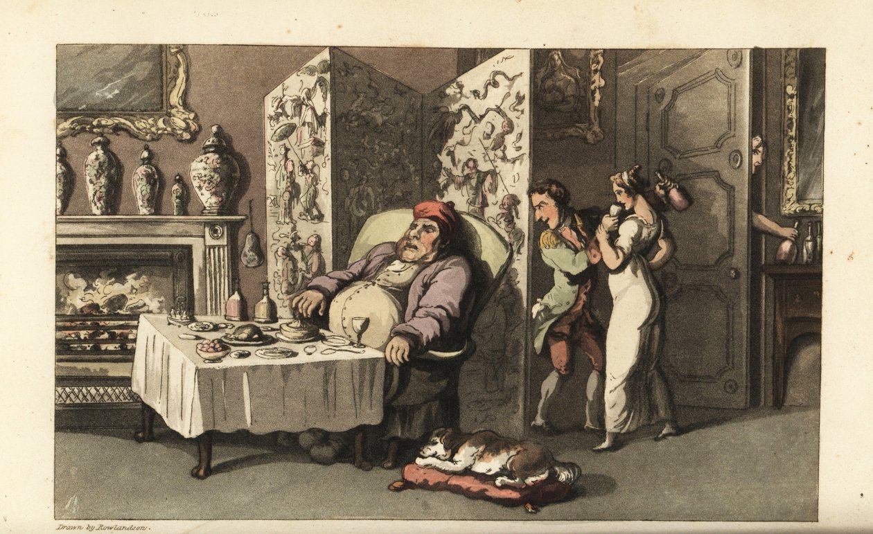 Johnny smyger hembiträdet Molly ett glas vin i salongen när Sir Jeffery Gourmand sover vid matbordet. Nästan fångad av en annan tjänare vid dörren. Handkolorerad kopparstick av Thomas Rowlandson från William Combes The History of John av Thomas Rowlandson