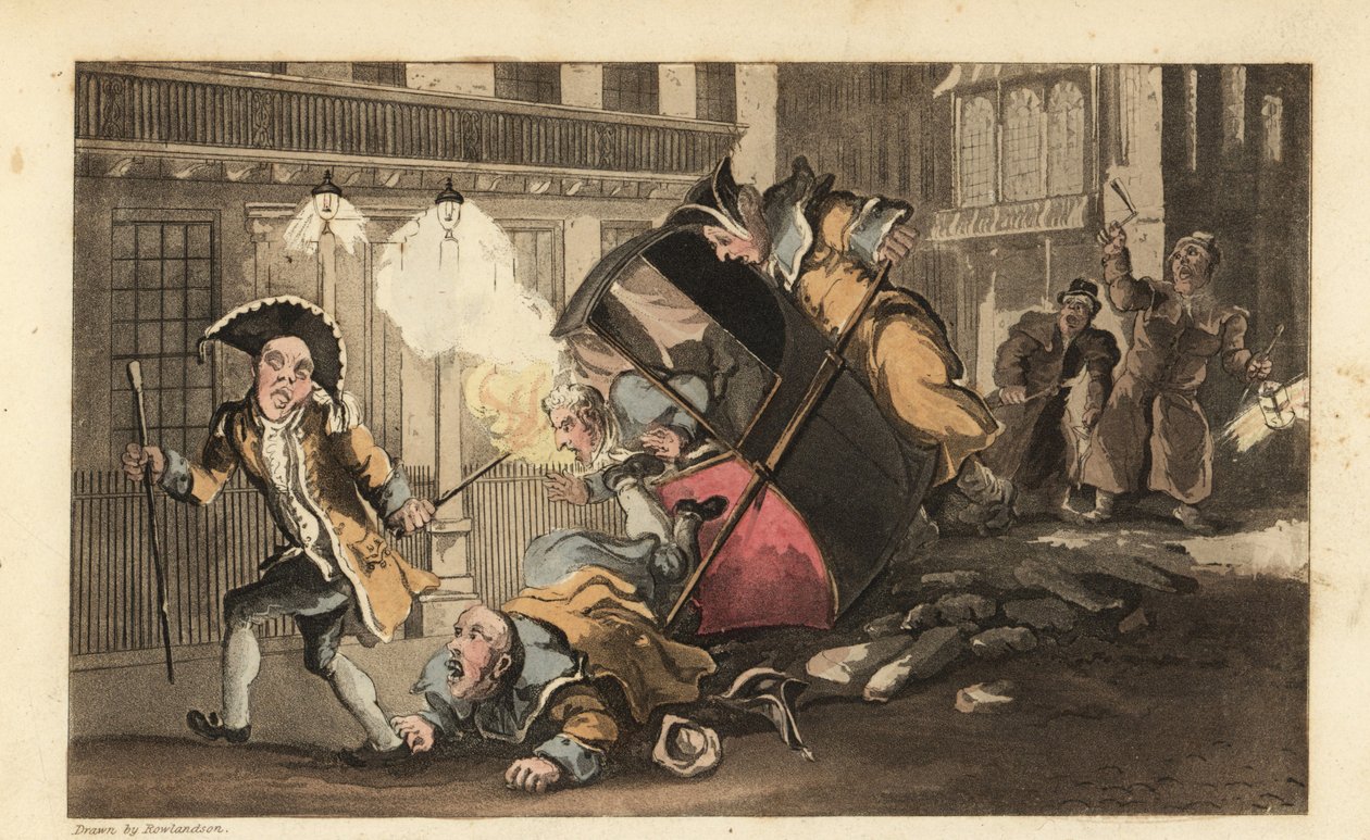 Johnny kastades ur en sedanstol när bärarna kraschar över en stenhög på gatan. Nattväktare med lyktor och skallror anländer. Handkolorerad kopparstick av Thomas Rowlandson från William Combes The History of Johnny Quae Genus, av Thomas Rowlandson