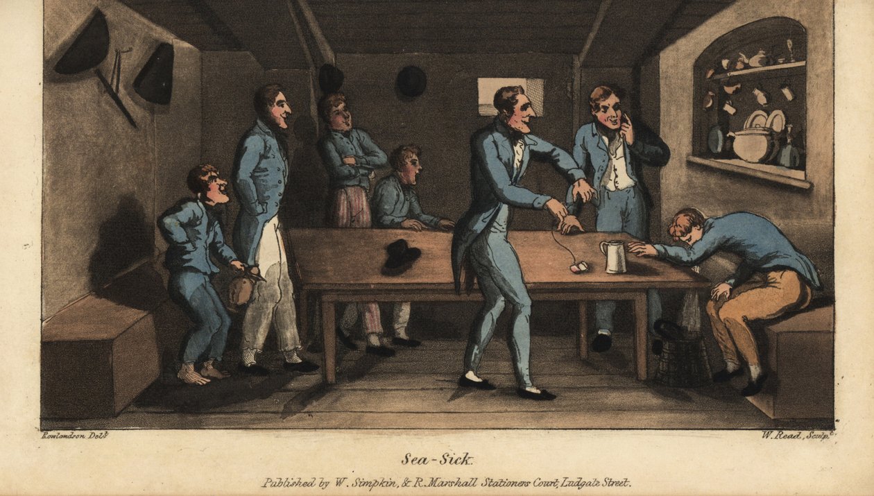 Johnny kräks i en hink i kabinen när hans skepp sätter segel. En annan officer föreslår ett botemedel av saltvatten och en bit salt fläsk på ett snöre. Handkolorerad kopparstick av W. Läst efter en illustration av Thomas Rowlandson från Alfred Burto av Thomas Rowlandson