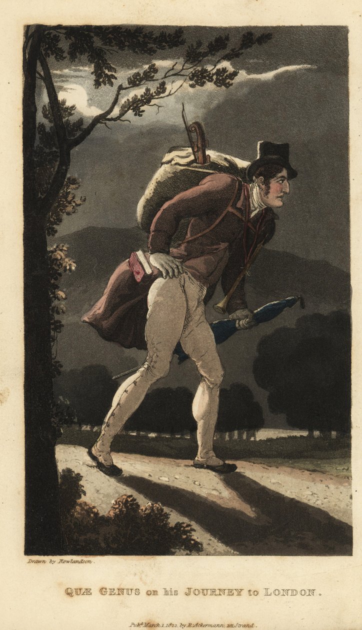 Johnny går på den månbelysta vägen till London. Han har en ryggsäck med fiol, en bok i rockfickan och bär ett paraply. Handkolorerad kopparstick av Thomas Rowlandson från William Combes The History of Johnny Quae Genus, the Little Found av Thomas Rowlandson