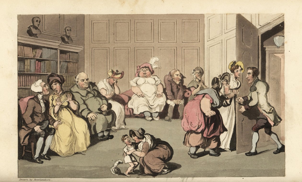 Johnny med andra patienter i kvacksalvaredoktorn Anodynes väntrum. Handkolorerad kopparstick av Thomas Rowlandson från William Combes The History of Johnny Quae Genus, the Little Foundling of the late Doctor Syntax. av Thomas Rowlandson