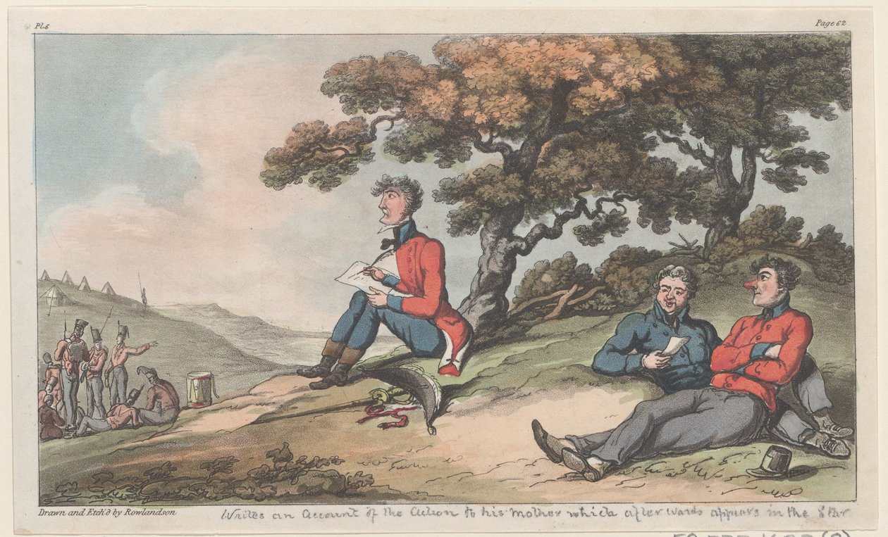 Johnny skriver en redogörelse för handlingen till sin mor, som efteråt dyker upp i Star..., 1815. av Thomas Rowlandson