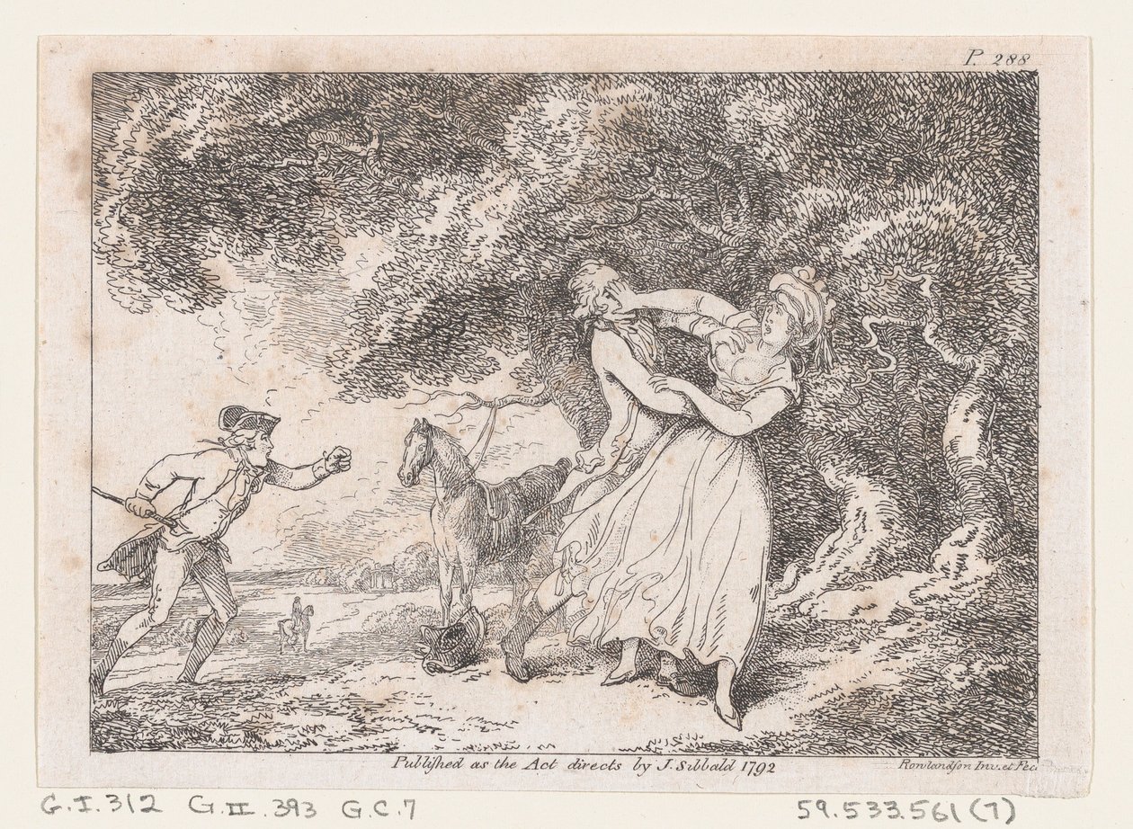 Joseph skyndar sig att rädda Fanny från överhängande fara, från The Adventures of Joseph Andrew..., 1792. av Thomas Rowlandson