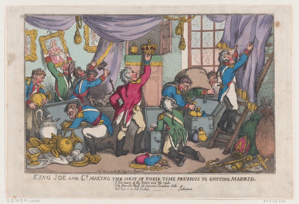 King Joe and Co. utnyttjade sin tid på bästa sätt innan de lämnade Madrid, ..., 25 september 1808. av Thomas Rowlandson