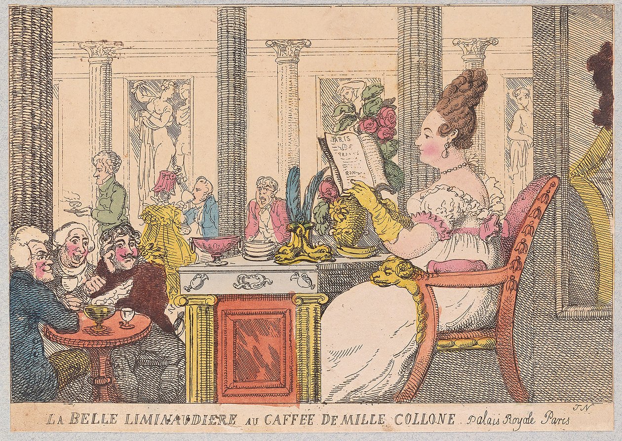 La Belle Liminaudiere på Cafe de Mille Colonne, Palais Royal, Paris, pub. 1814 (handfärgad gravyr) av Thomas Rowlandson