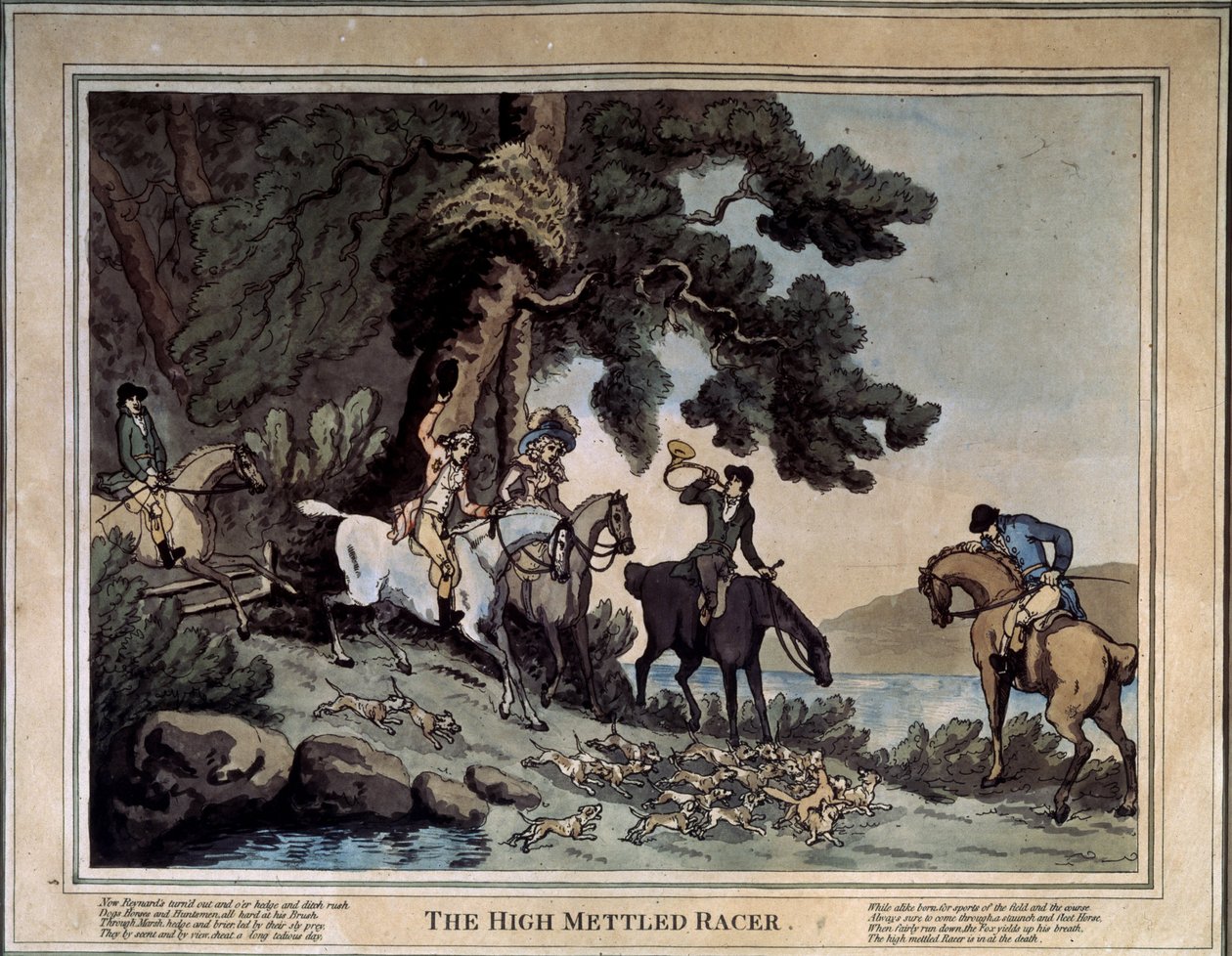 Högkurirernas möte (The high mettled racer). Teckning av Thomas Rowlandson (1756-1827). Etsning och akvarell av Thomas Rowlandson