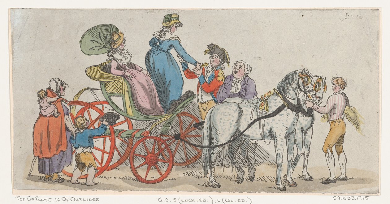Damer som stiger ur en vagn från skylt 16, konturer av figurer, landskap a..., 1 juni 1790. av Thomas Rowlandson