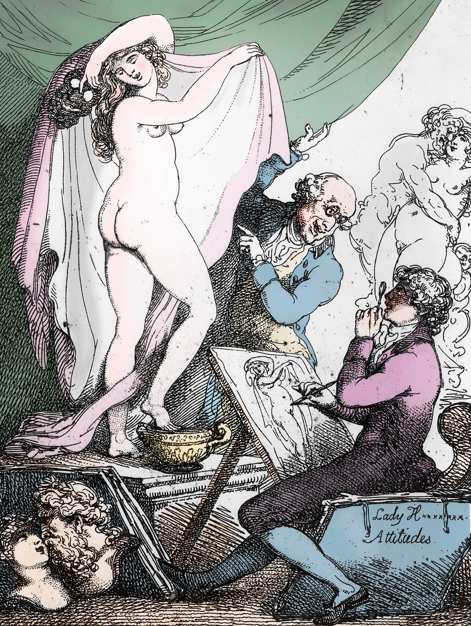 Lady Hamiltons attityder, ca 1790 (etsning) (svartvitt foto) av Thomas Rowlandson