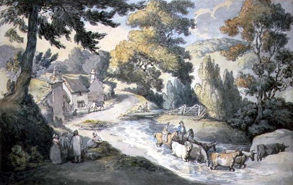 Landskap med boskap som springer en ström av Thomas Rowlandson