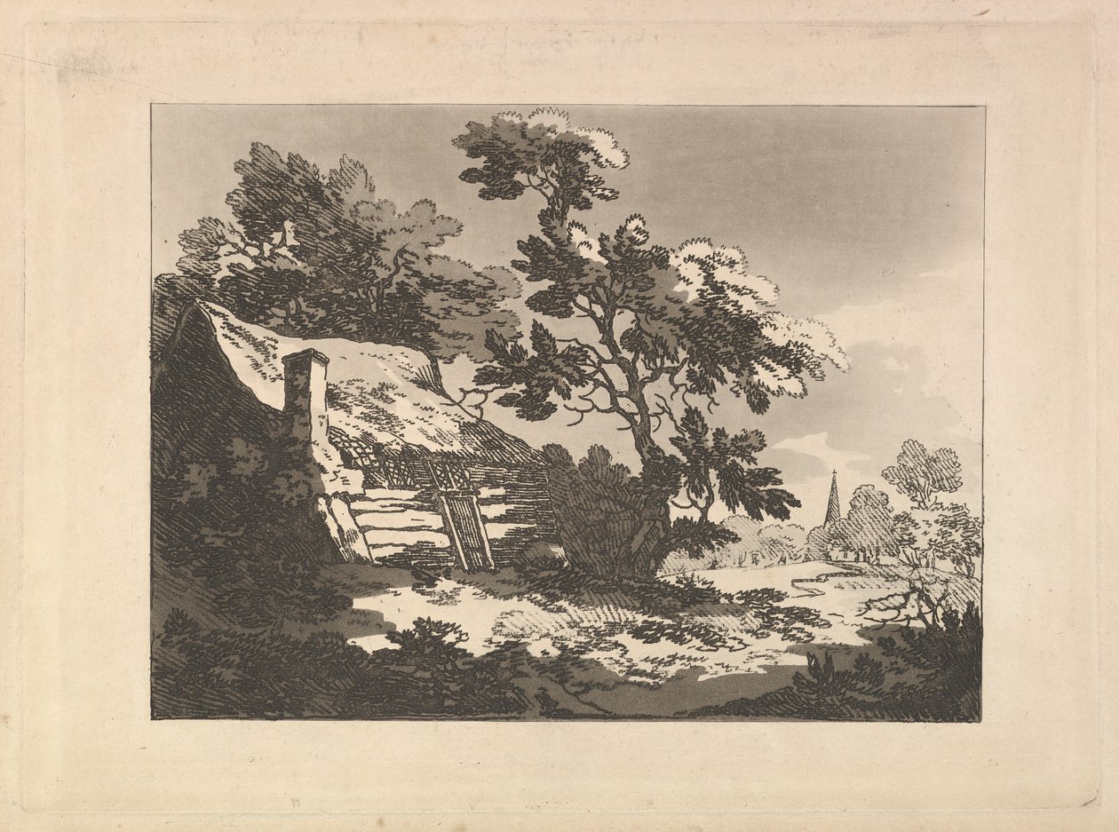 Landskap med en stuga bland träden till vänster och en kyrktornspets i fjärran till höger av Thomas Rowlandson