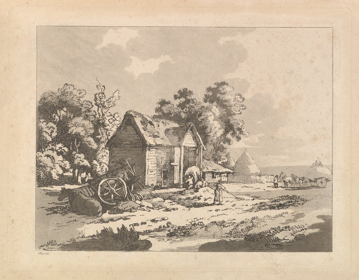 Landskap med figurer som lagrar hö i en lada, en vagn och häst som ligger ner till vänster, 1783-84. av Thomas Rowlandson
