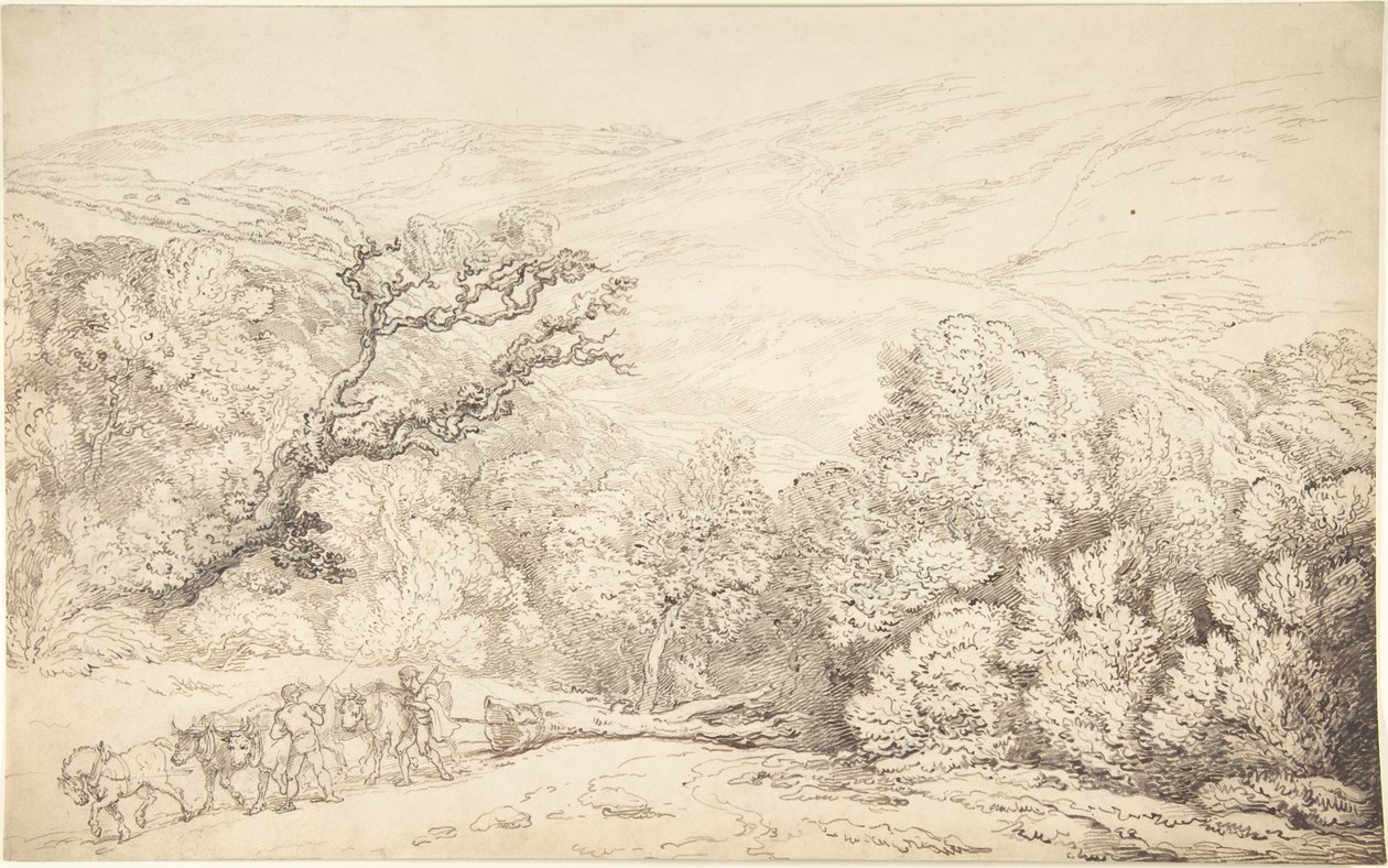 Landskap med oxar och ett fällt träd av Thomas Rowlandson