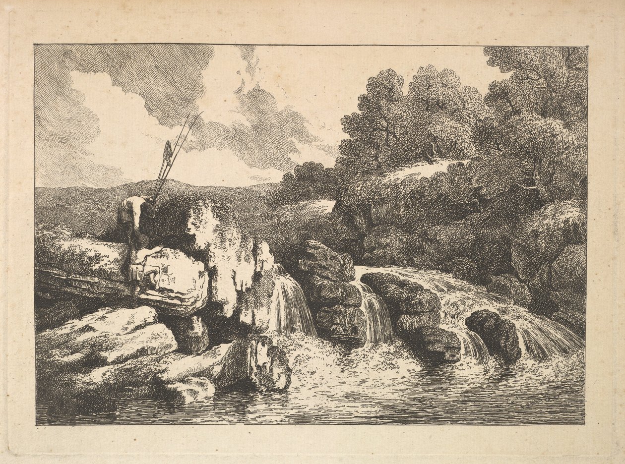 Landskap med två fiskare som klättrar på stenar bredvid ett vattenfall, 1784-88. av Thomas Rowlandson