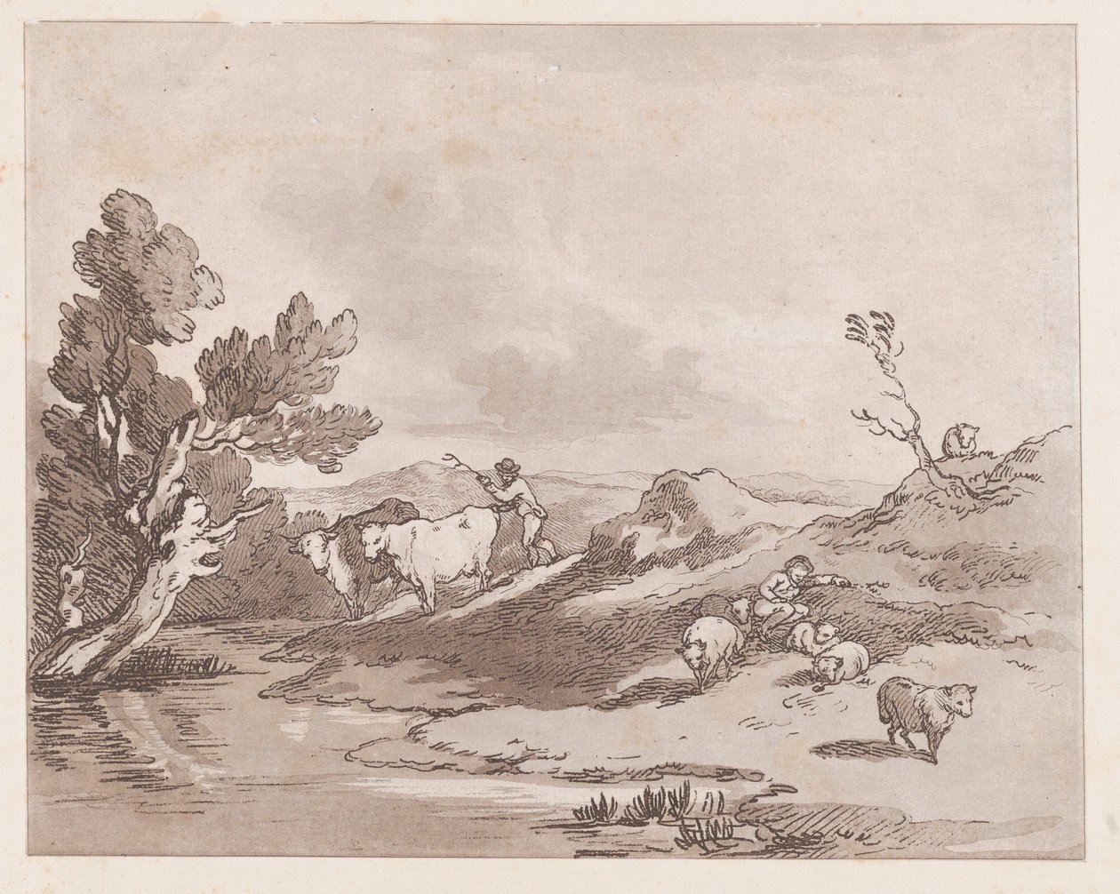 Landskap med en figur som vallar boskap till vatten, 21 maj 1789, 21 maj 1789. av Thomas Rowlandson