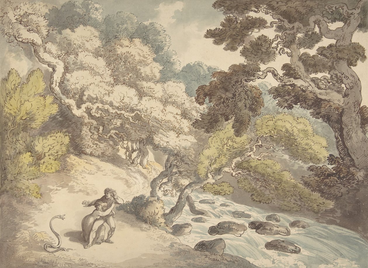 Landskap med forsande bäck och ett par på stranden, skrämd av en orm, 1775-1827. av Thomas Rowlandson