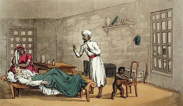 Sista besöket från doktorns assistent, från "The Grand Master, or Adventures of Qui Hi? in Hindostan". A Hudibras Poem in Eight Cantos by Quiz", av William Combe (1741-1823) utgiven av Thomas Tegg, London. av Thomas Rowlandson