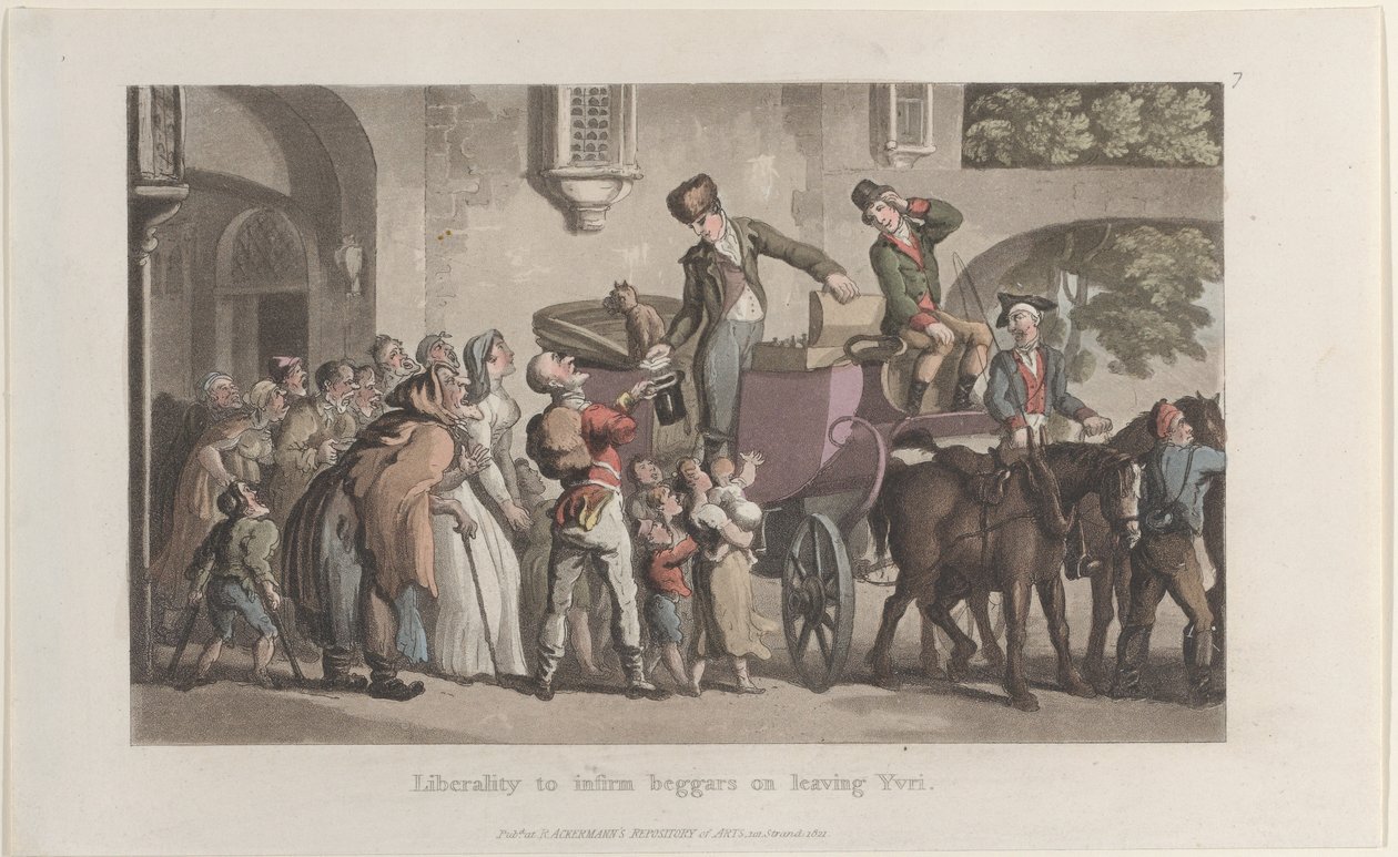 Frihet att sjuka tiggare när de lämnar Yrvi, från Journal of Sentimental Travels in the ..., 1821. av Thomas Rowlandson