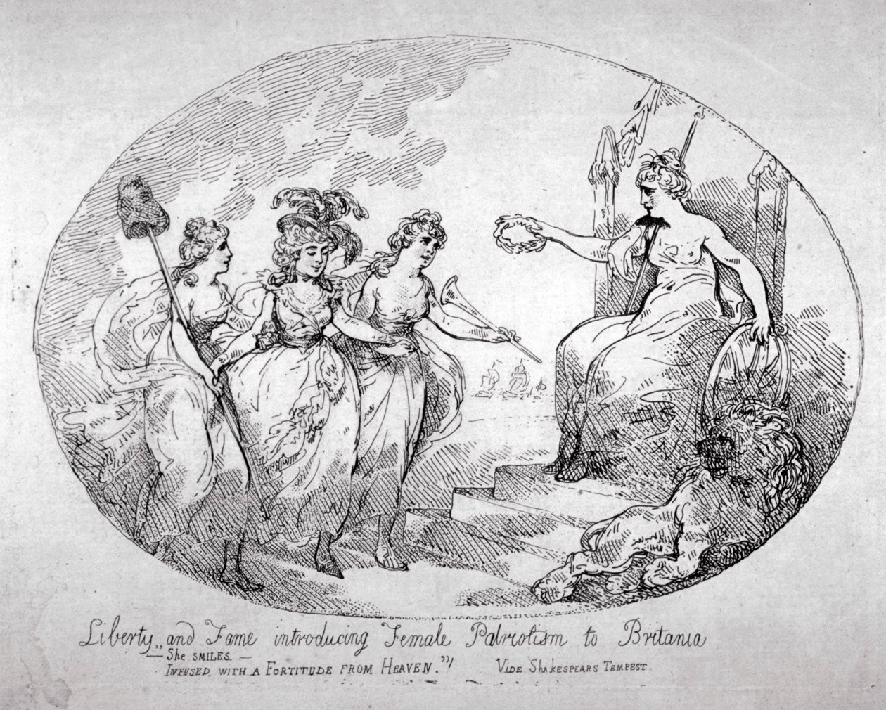"Frihet och berömmelse introducerar kvinnlig patriotism till Storbritannien", 1784 av Thomas Rowlandson