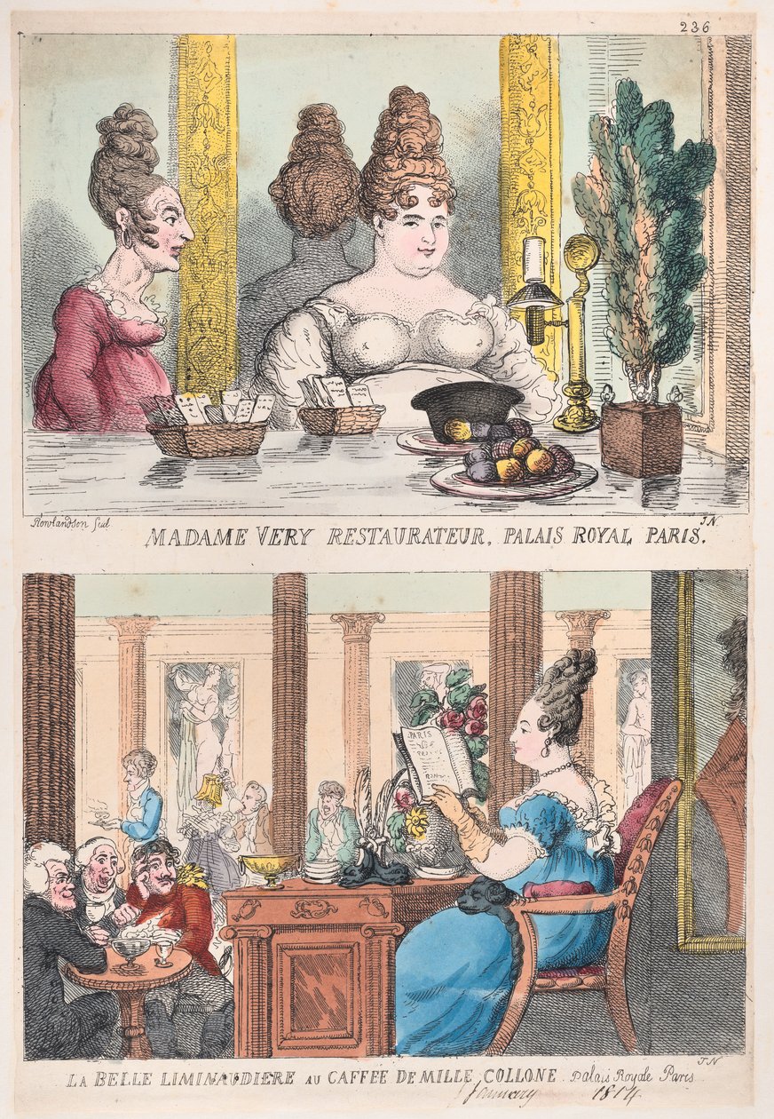 Madame Very Restauranteur, Palais Royal Paris och La Belle Liminaudiere på Caffee De Mille..., 1814. av Thomas Rowlandson