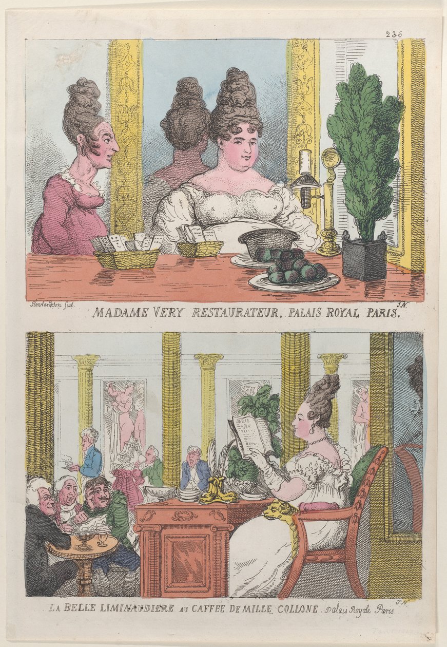 Madame Very Restauranteur, Palais Royal Paris och La Belle Liminaudiere på Caffee De Mille..., 1814. av Thomas Rowlandson