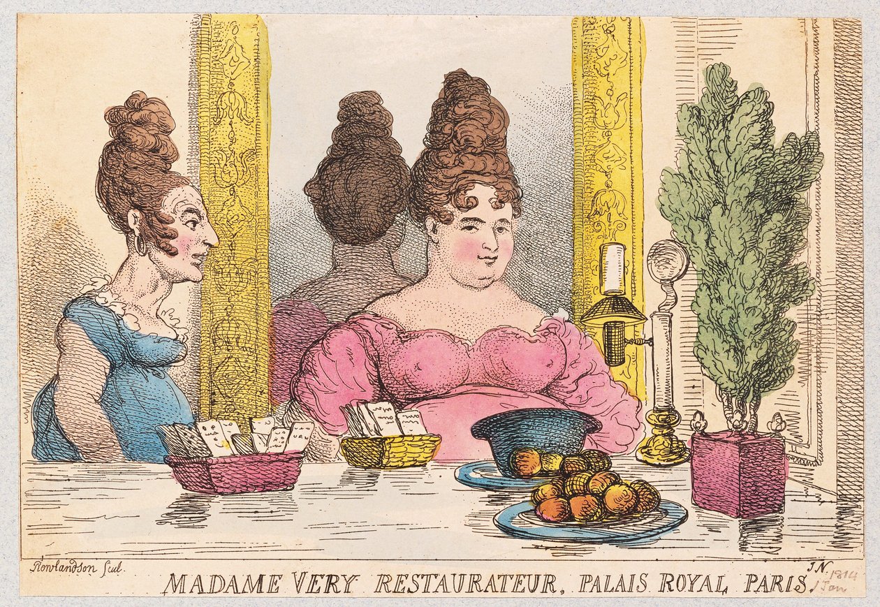 Madame Very, krögare, Palais Royal, Paris, pub. 1814 (handfärgad gravyr) av Thomas Rowlandson