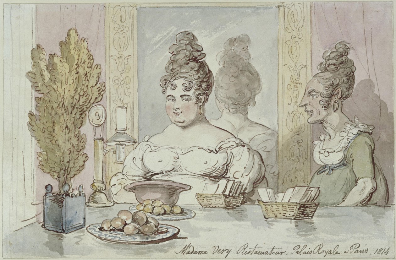 Madame Véry, restaurangägare. Palais Royal i Paris av Thomas Rowlandson