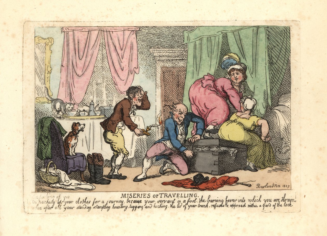 Man och två kvinnor misslyckas med att stänga en packad bagagelucka. av Thomas Rowlandson