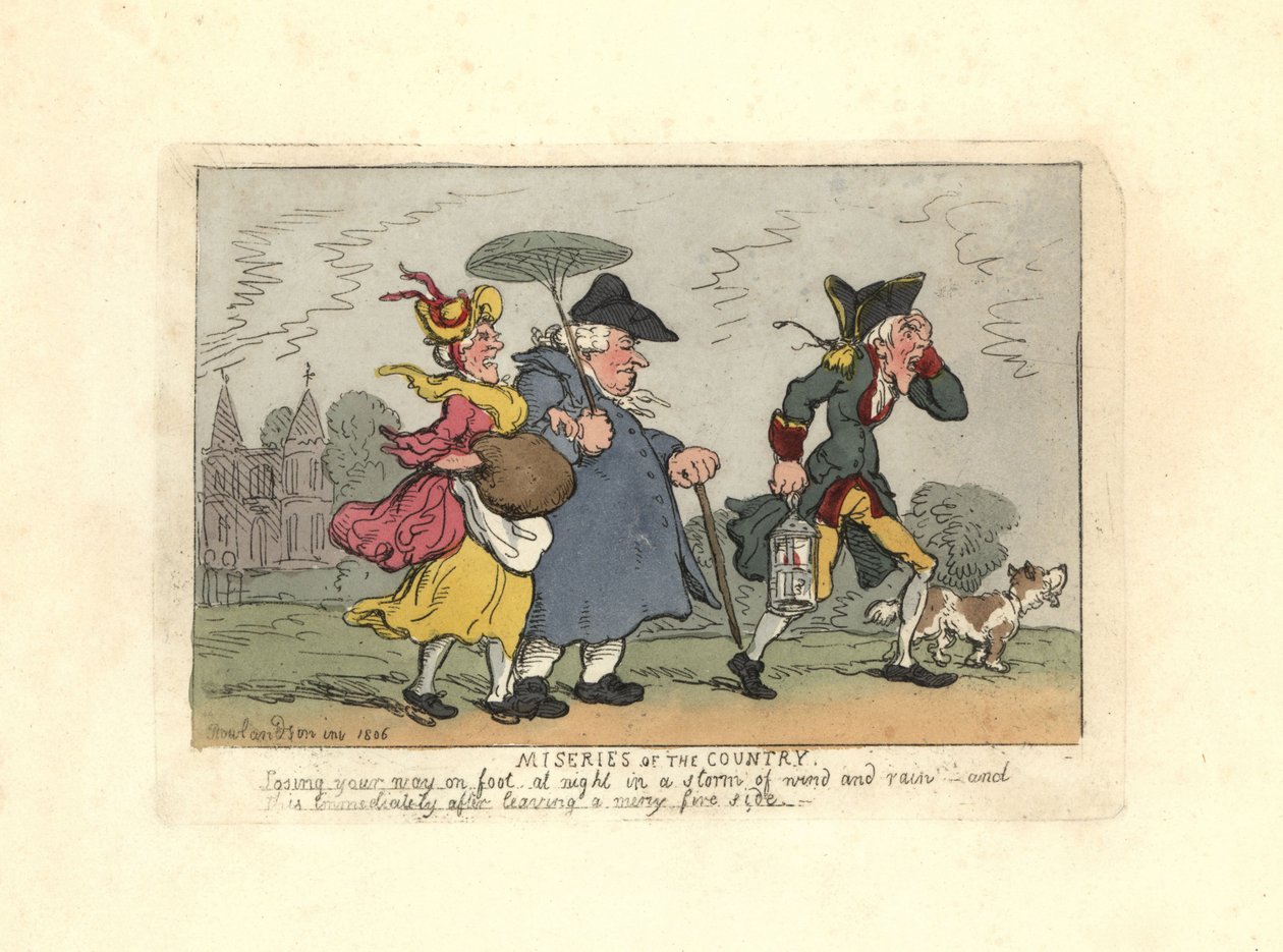 Man och kvinna förlorade på landsbygden i en nattstorm. av Thomas Rowlandson
