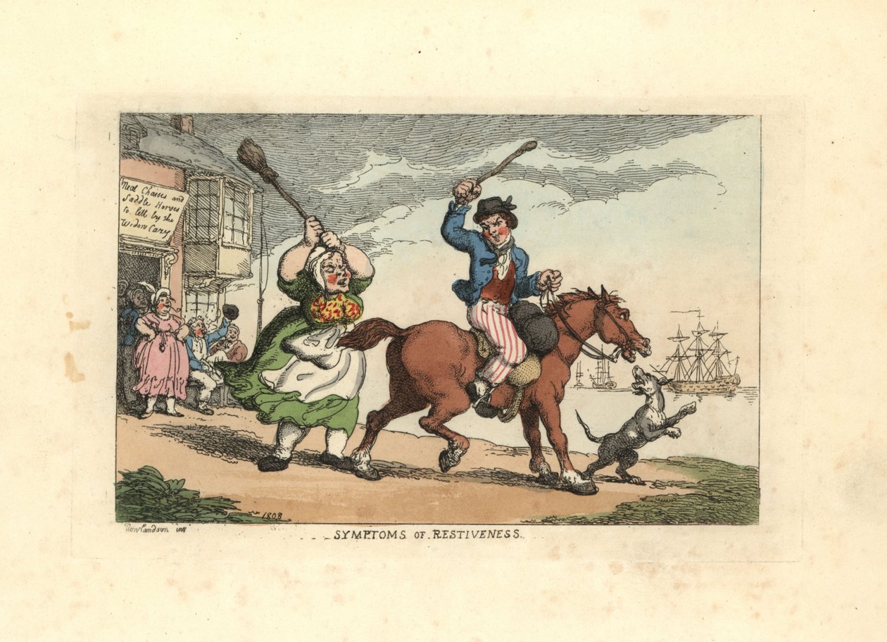 Man slår en envis häst med en gos, medan ägaren Wido av Thomas Rowlandson