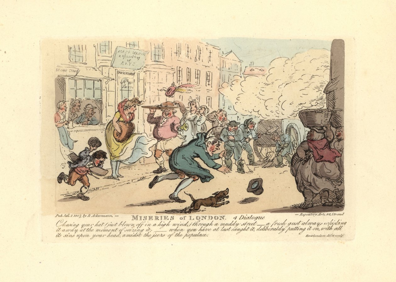 Man jagar sin hatt nerför en lerig gata i stark vind. av Thomas Rowlandson