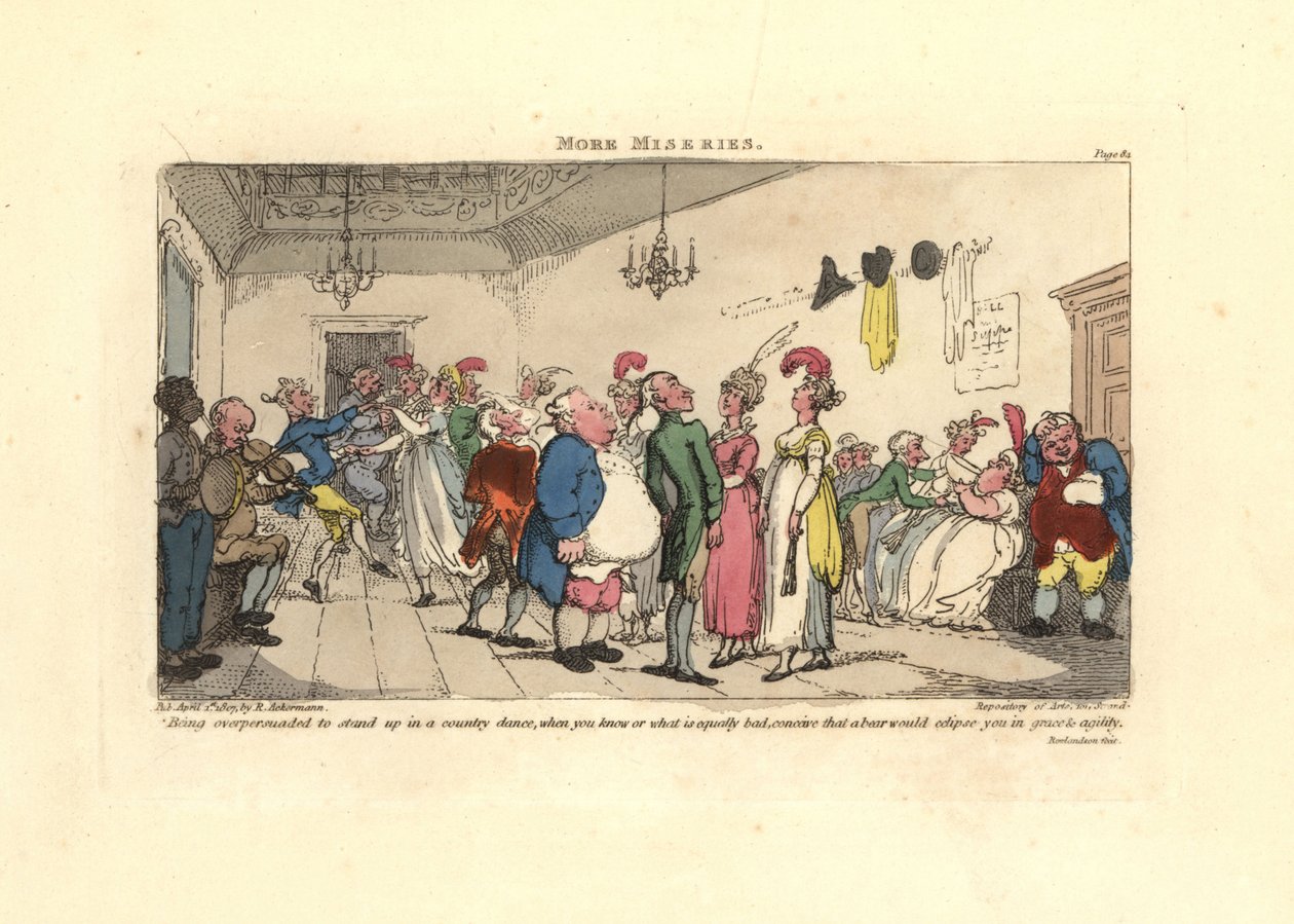 Man skäms över att bli tvungen att dansa på en countrydans. av Thomas Rowlandson