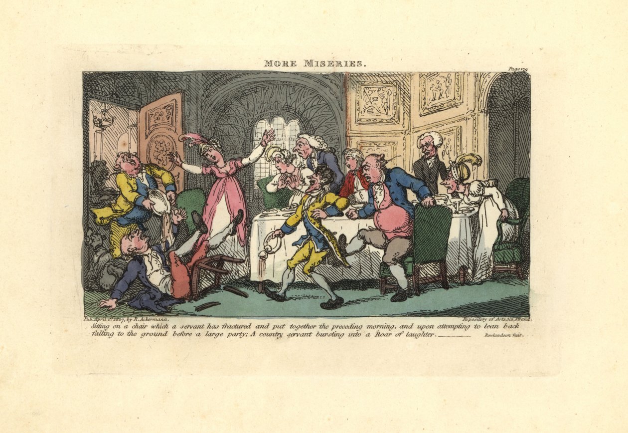 Man som faller av en trasig stol på en middagsbjudning. av Thomas Rowlandson