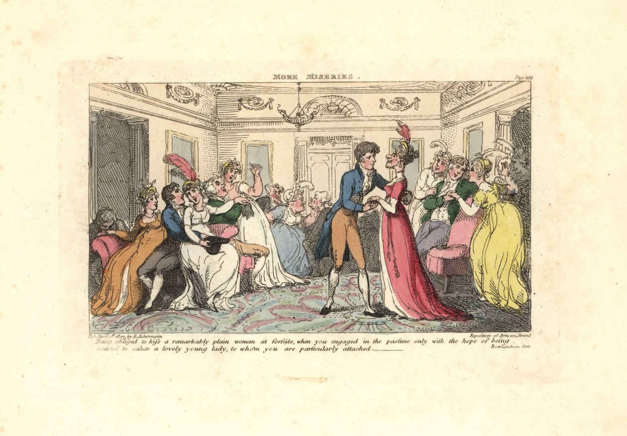 Man tvingas kyssa en ful kvinna på en dansfest. av Thomas Rowlandson
